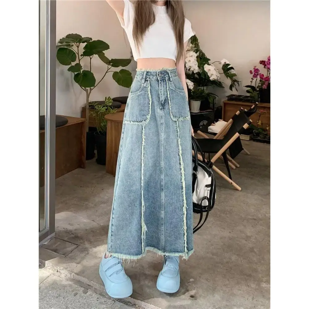 

Fall 2024 New Sle A-Line Midi Denim Skirt Women's Hip Concealing Casual High Waist f-length Umbrella Skirt