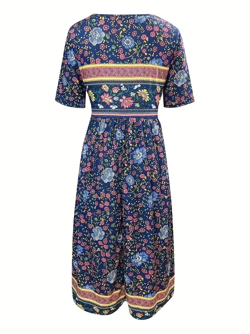Plus Size 1XL-5XL Women's Fashion Summer Floral Print Vibrant Peplum Dress Ladies Casual Short Sleeve Elegant Crew Neck Dress