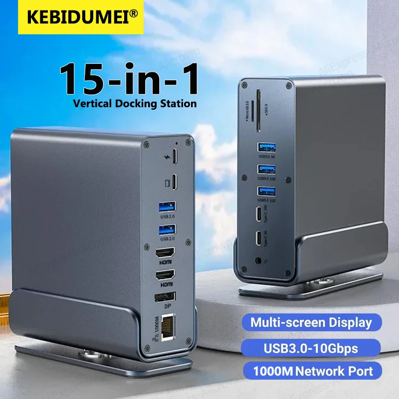  KEBIDUMEI 15-Port USB 3.2 Dockingstation 10Gbps Typ-C zu HDMI 4K@60HZ PD100W RJ45 1000Mbps Audio für PC USB 3.2 Adapter
