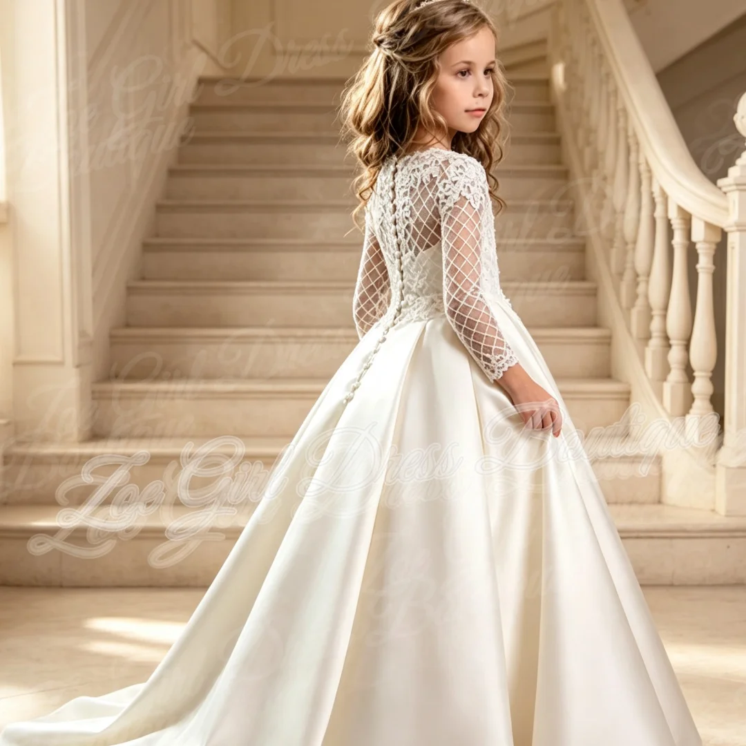 Customized Ivory Flower Girl Dresses Satin Embroidery Long Sleeve For Wedding Birthday Party Banquet First Communion Gowns