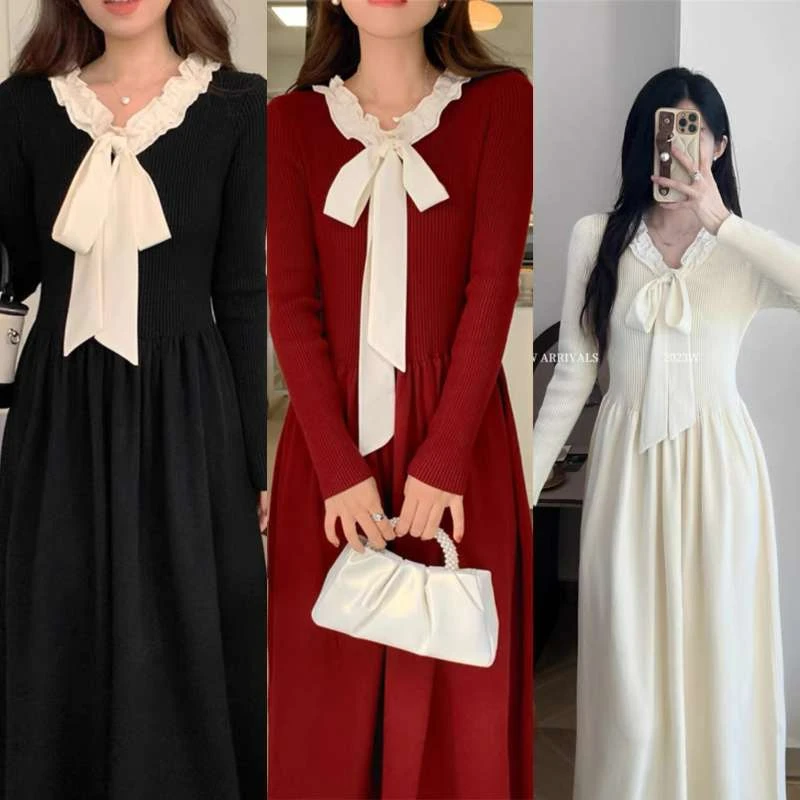 2024 Autumn Pregnant Woman Knitted Dress Long Sleeve Bowknot Collar Maternity Empired Party Dress Elegant Pregnancy Basic Dress