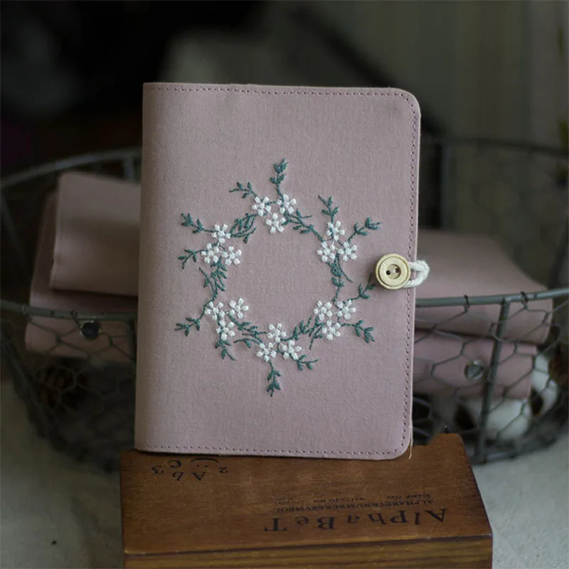 Cotton Pink Note Books Embroidery Wreath Loose Leaf A5 / A6 Binder Notebook Diary Cover Artist Moterm Ring Planners Notepad