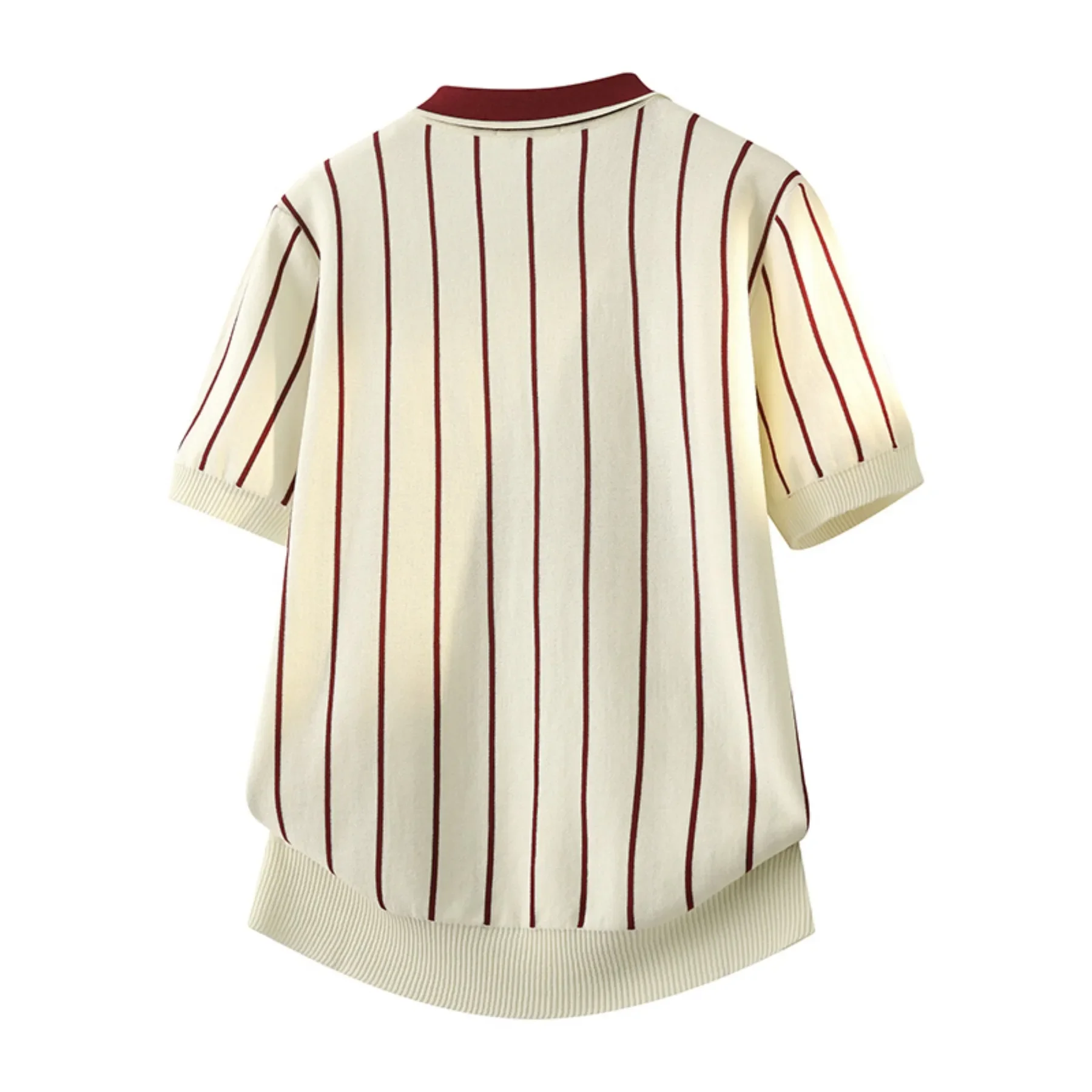Men's Summer Two-Tone Striped Casual Knit Polo Shirt, Lapel Short Sleeve Cardigan Top, Stylish Business Knit Sweater view 5