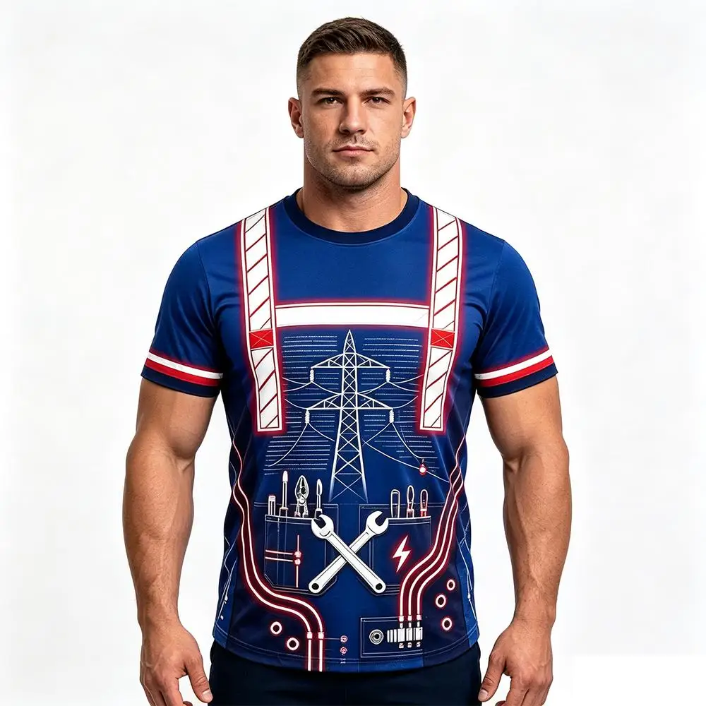 Power Lineman 3D All Over Print T Shirt Men Safety Stripe Power Tower Graphic Electrician Breathable Short Sleeve Work Tee