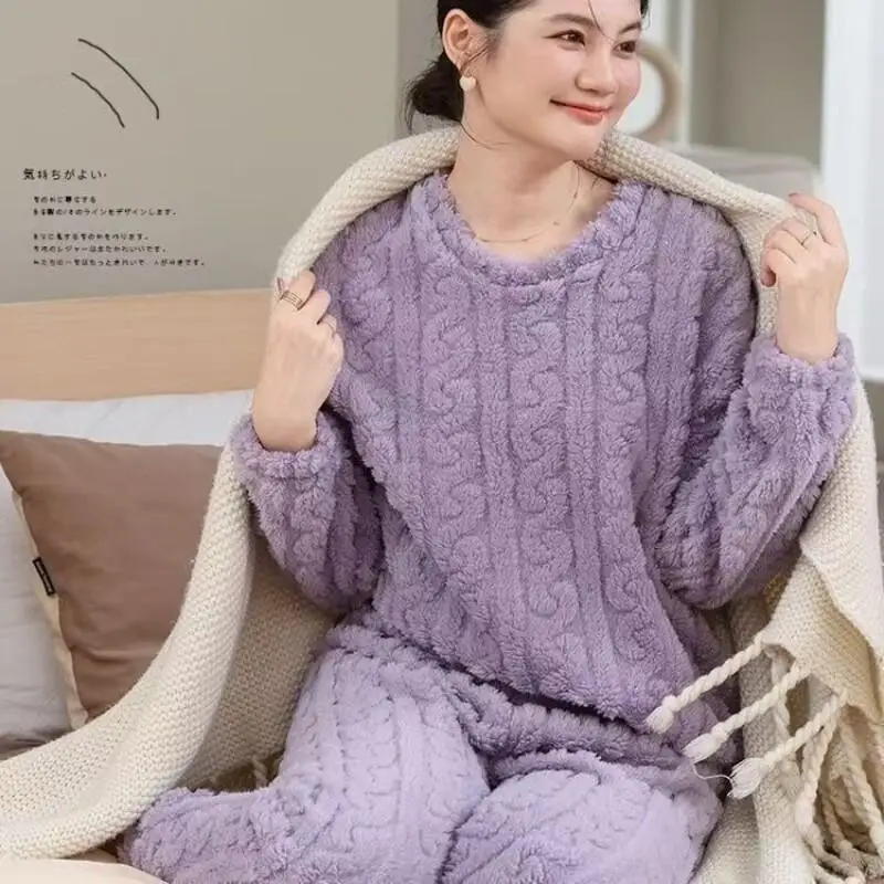 Сплошной цвет, женские пижамы, сохраняющие тепло, пижама из кораллового флиса для девочек, осень-зима, новая модель, одежда для сна, утепленная домашняя одежда, комплект из двух предметов