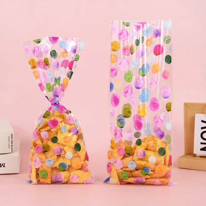 50pcs Rainbow Polka Dot Candy Cookie Bag Birthday Party Biscuit Gift Packaging Cellophane Bags Wedding Baby Shower Supplies