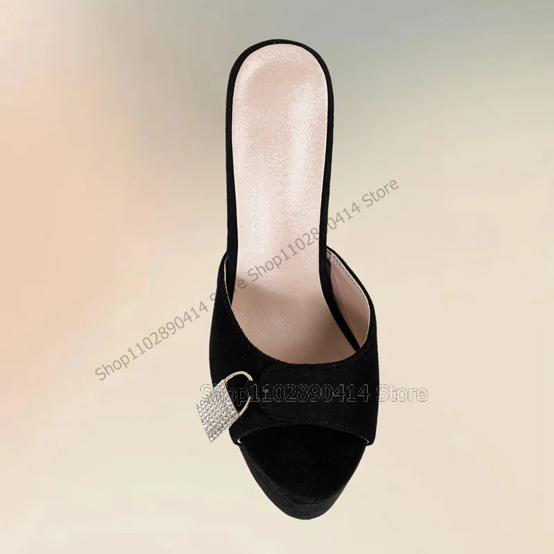 Crystal Lock Black Open Toe Metal Heel Platform Slippers Slip On Women Shoes Thin High Heels Fashion 2023 Zapatos Para Mujere