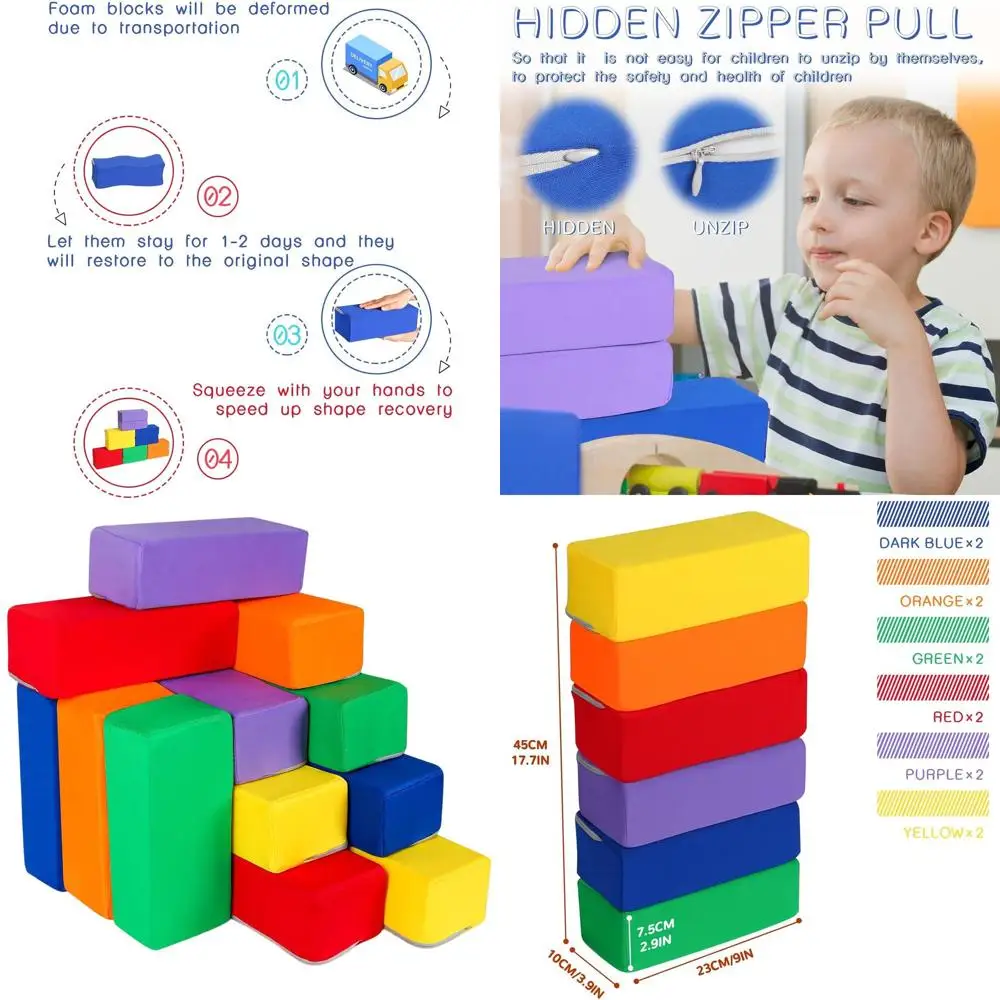 Blocchi da costruzione per bambini rivestiti in tessuto da 12 pezzi: set impilabili morbidi e colorati per giochi e apprendimento dei bambini