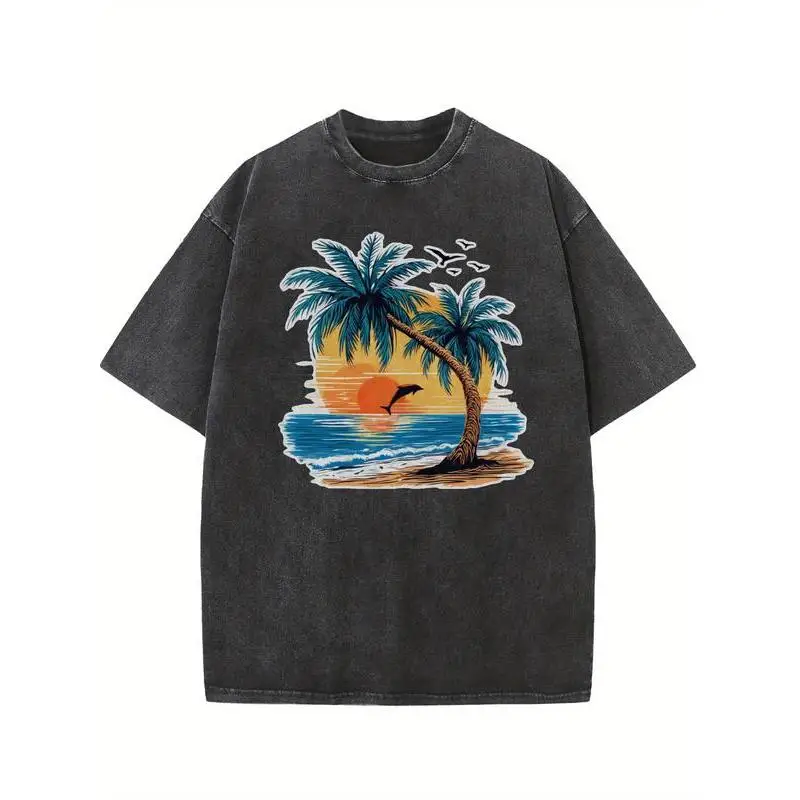 

Tropical Sunset Palm Tree T-Shirt Vintage Washed Oversized Tee Unisex Casual Summer Beachwear Top for Vacation or Gift S-3XL