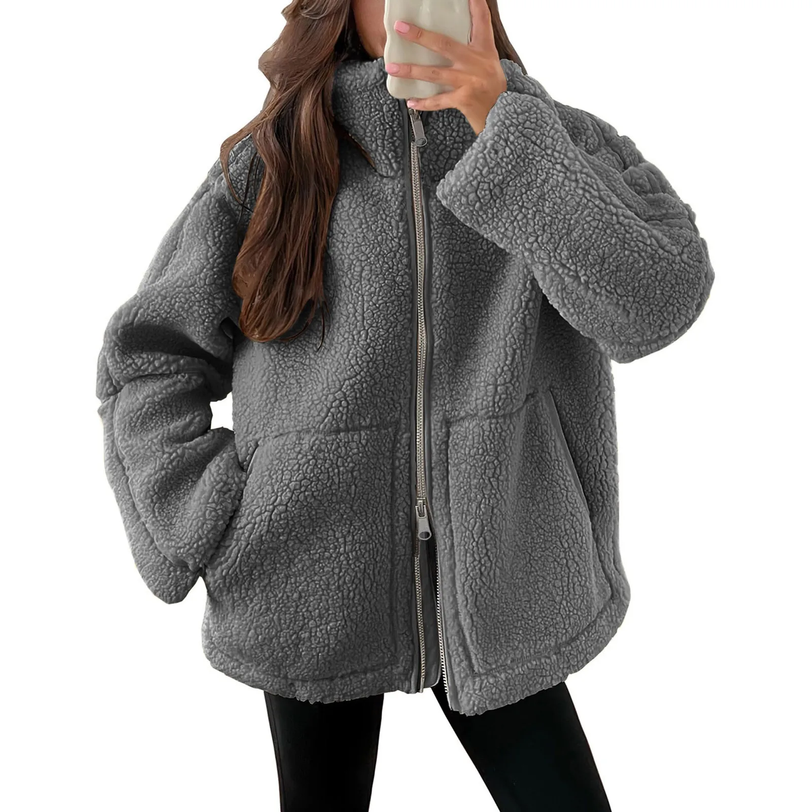 Chaqueta de lana de cordero de viento perezoso para mujer, suéter de cuello alto Semi a la moda, abrigo de felpa grueso y cálido para invierno, cárdigan, prendas de vestir exteriores para mujer