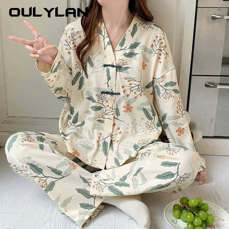 Elegant V-neck Sleepwear Floral Women Pajamas Set Autumn Faux Cotton Cardigan Pijama Casual Long Sleeves Loungewear Lady Pyjama