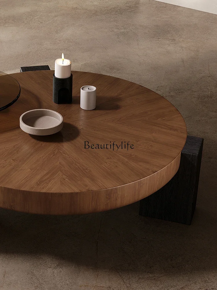 Light luxury modern minimalist antique walnut pattern round coffee table combination