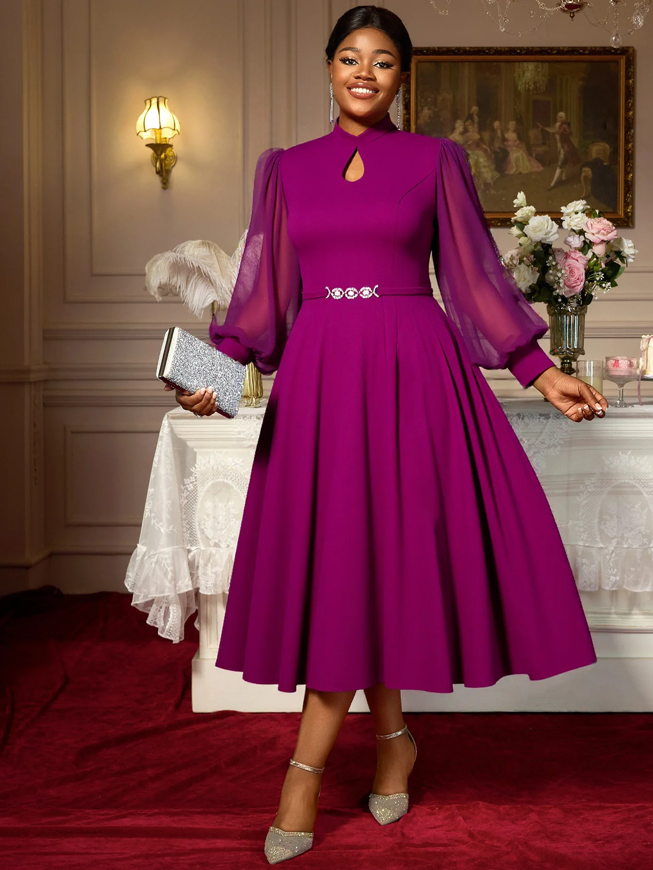 우아한 중간 길이 드레스 여성용 대형 사이즈 하이 칼라 컷아웃 디자인 쉬폰 랜턴 소매 라인스톤 이브닝 가운