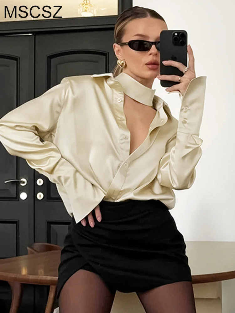 MSCSZ Silk Satin Shirts For Women 2024 Autumn Long Sleeve Button Up Casual Shirt Single Breasted Loose Long Blouse Top