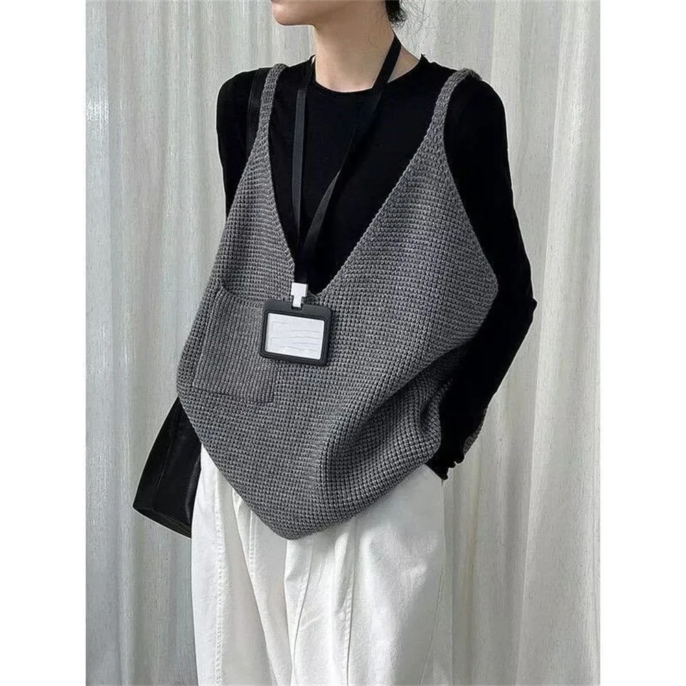 Chaleco tejido informal de gran tamaño para mujer, suéter sin mangas con cuello en V, color negro y gris, moda para primavera y otoño, chalecos, ropa
