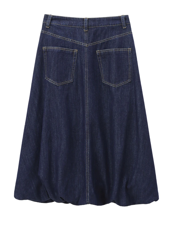 KAOPU ZA Women gathered denim balloon midi skirt vintage high waist zip fly female skirts mujer