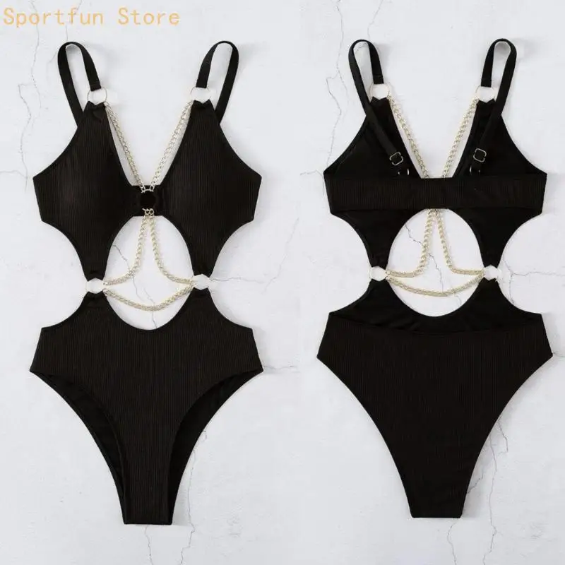 

Ring Linked-One Piece Swimsuit for Women Fashion Cutout Swimwear with Chain Ladies Summer Bathing Suit X7JD