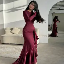 Burgundy Mermaid Evening Dresses Long Sleeve Formal Dress Floor Length Satin Prom Gowns 2024  فساتين للمناسبات الرسمية