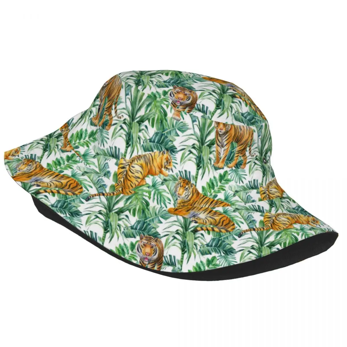 Tigers Palms Tropical Pattern Unisex Casual Sun Hat Bucket Bob Hip Hop Cap Fisherman Panama