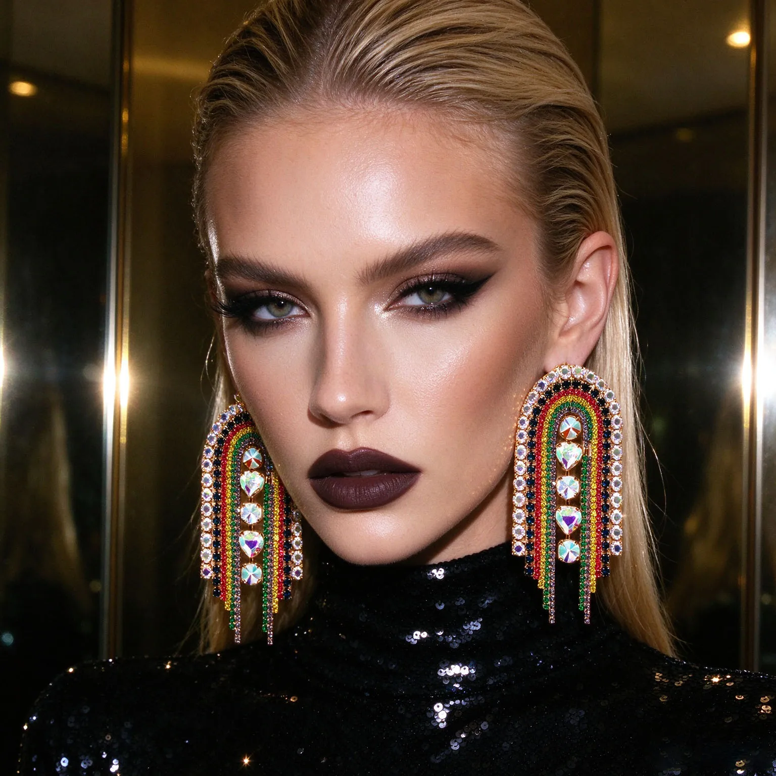 1pc Women Rainbow Rhinestone Arch Tassel Earrings Heart Crystal Statement Dangle Earrings for Pageant Evening Party Prom Costume