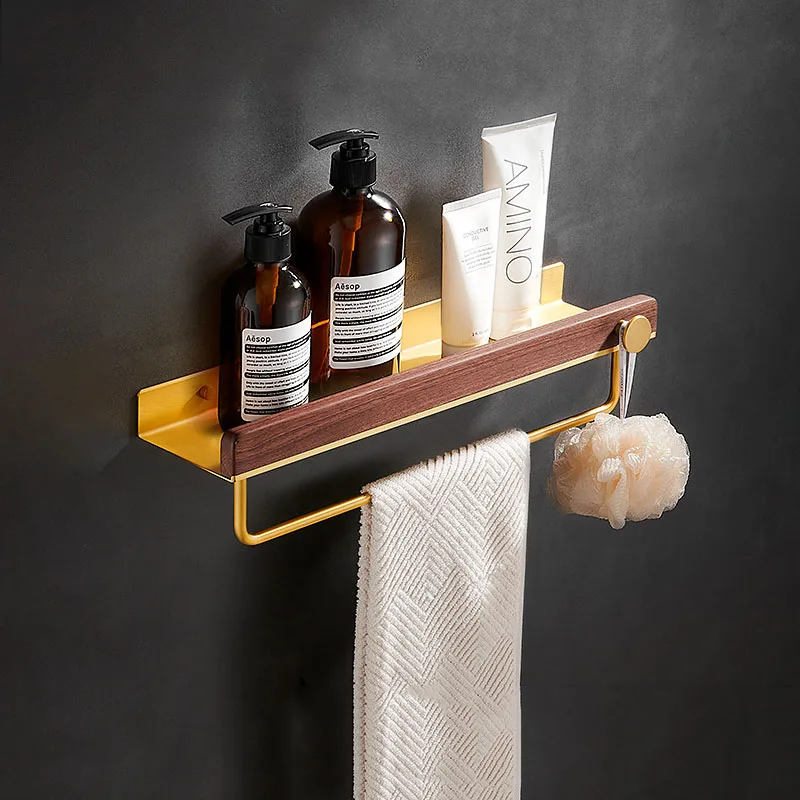 20-50cm Brushed Gold Bathroom Corner Shelf Wall-mounted Shower Room Toilet Walnut Wood Cosmetic Storage Rack with Hook Rod