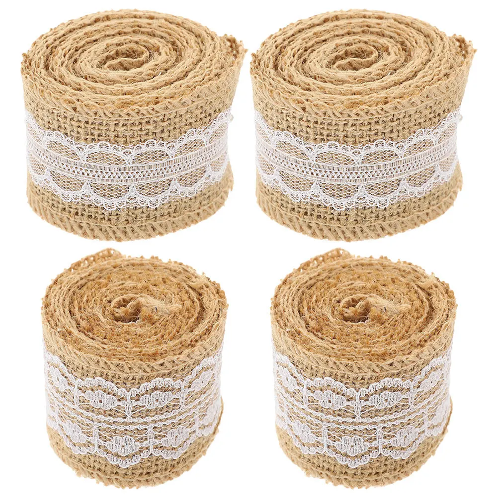 4 Rolls DIY Napkin Rings Natural Burlap Bands with Lace Trim Reusable Wedding Party Decorations Cuttable Present Packing Ribbon