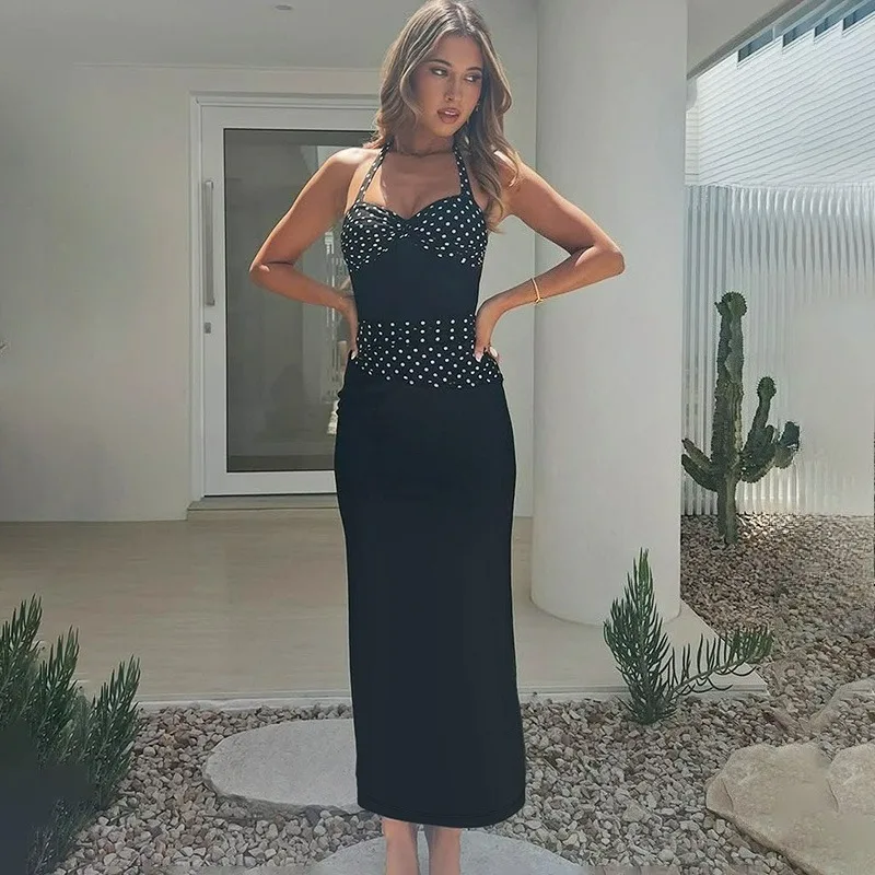 

Ticketsx Women's Polka Lace Up Dress Fashion New V-Neck Printed Patchwork Slim Dress Vintage Backless Party Vacation Long Dress