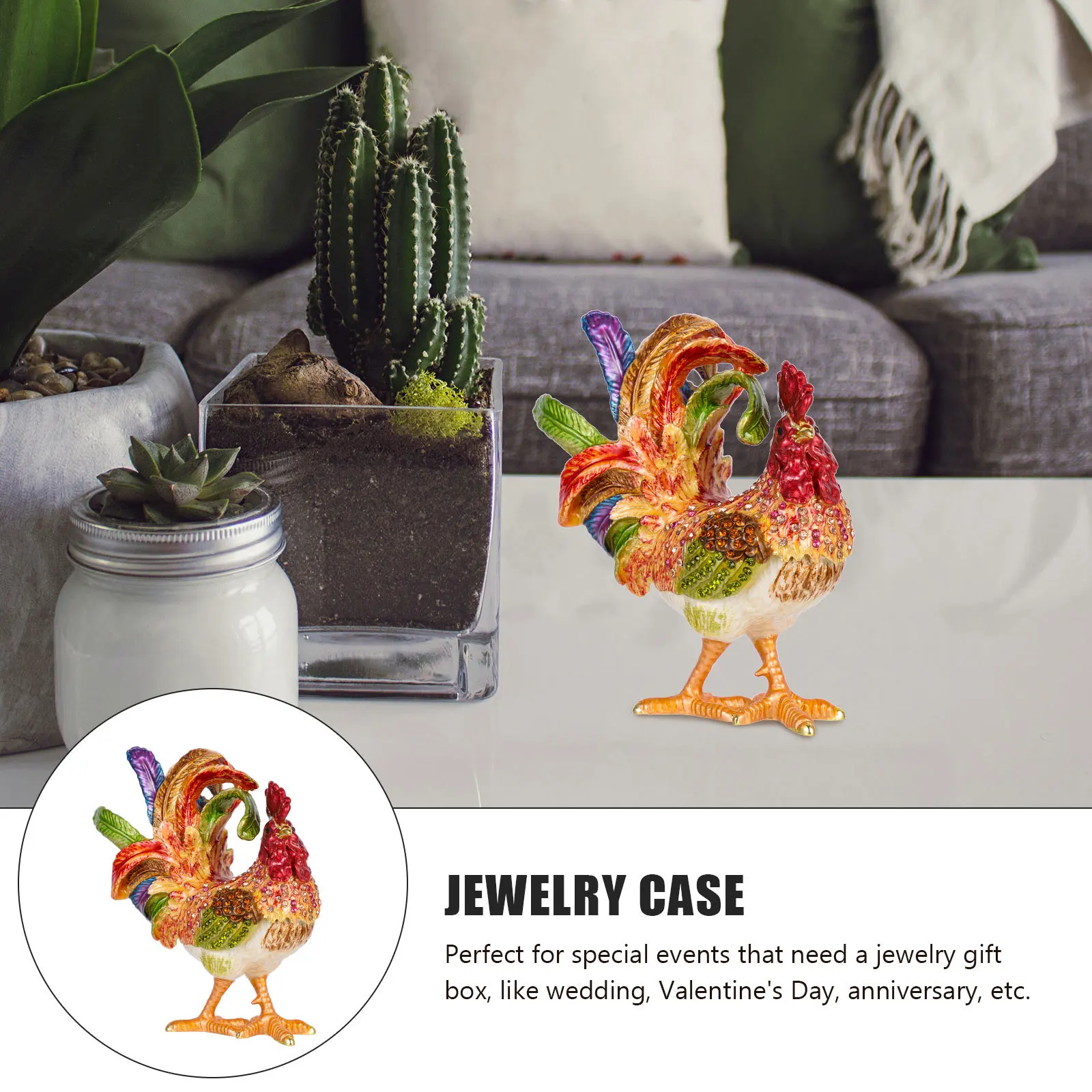 

Jewelry Storage Box Rooster Shaped Alloy Trinket Case For Rings Earrings Organizer Desktop Decor Gift Box Women Dresser-Top