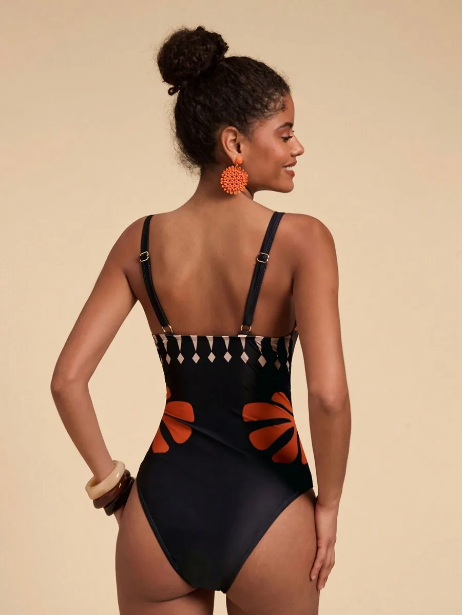 

Geometric Print Hollow Out One-Piece Swimsuit For Beach Vacation Summer