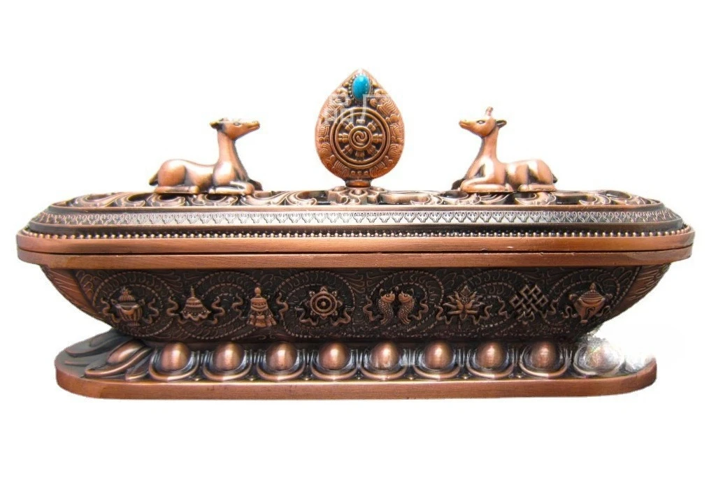 Luxury Tibetan Alloy Incense Burner – Eight-Auspicious Deer & Dharma Wheel, Home Meditation Décor, Retro Line-Incense Holder