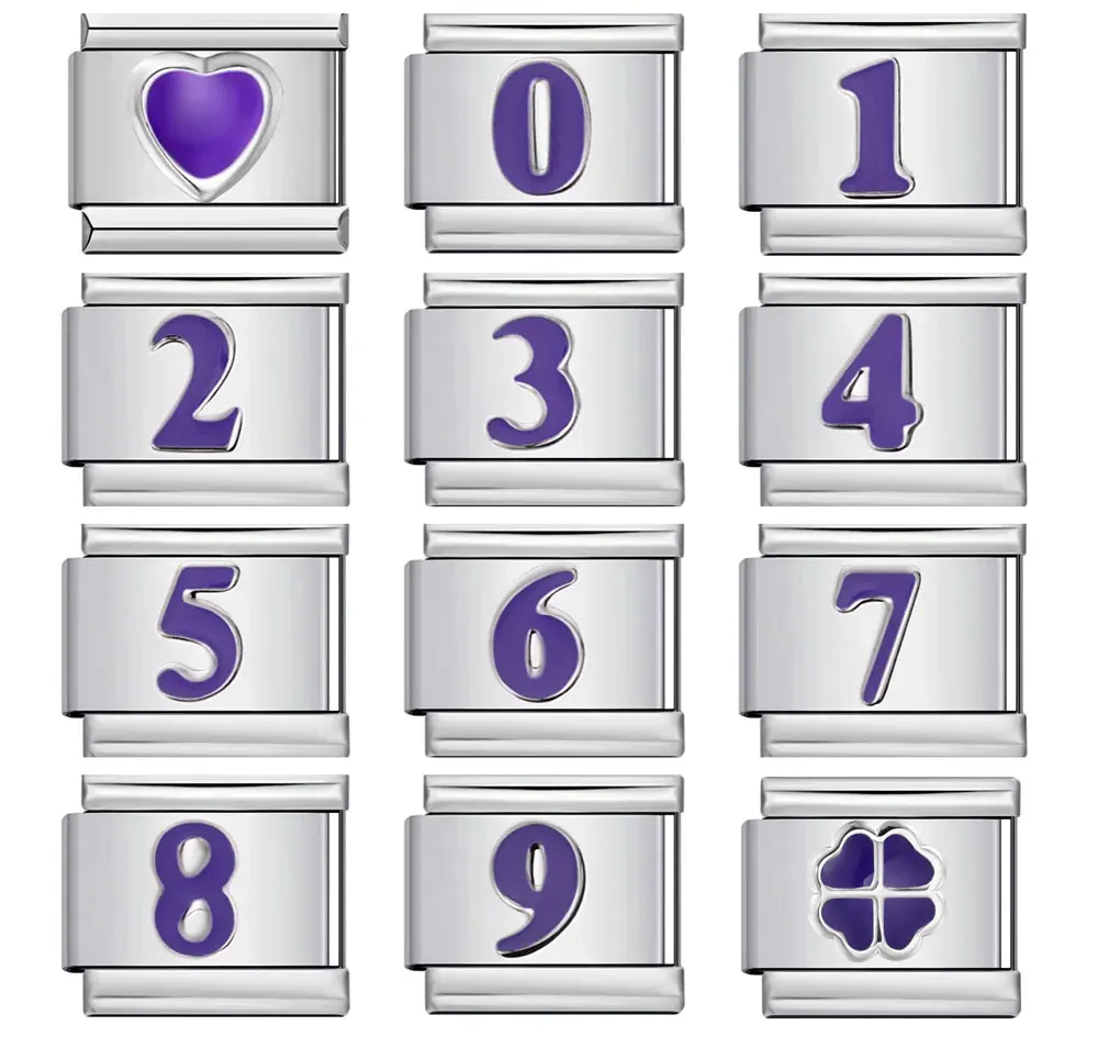 Semkeiyee Purple Color Number 0/1/2/3/4/5/6/7/8/9 Figure Number Arabic Numeral Italian Charm Stainless Steel Bracelet Jewelry