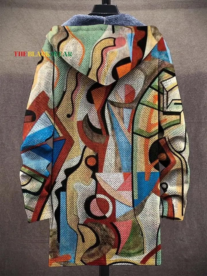 Vintage Abstract Geometric Painting Art Print Unisex Plush Thick Long-Sleeved Sweater Cardigan Coat Men's Thick Warm Jacket