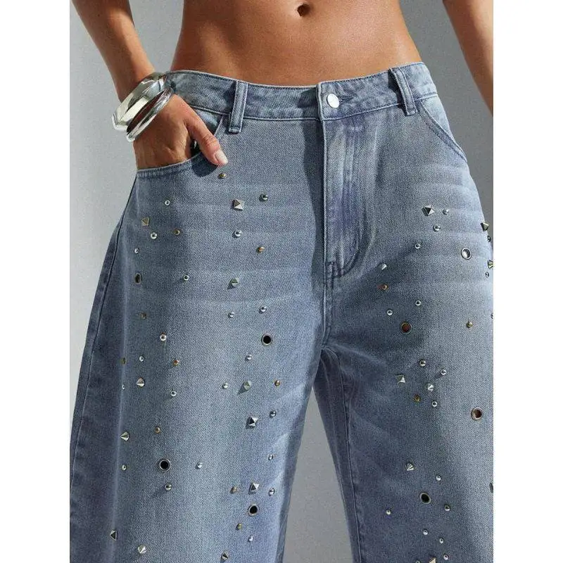 High Waist Beaded Wide Leg Jeans Women's Denim Pants mid Stretch High Waist Sequin Detailing Winter Collection