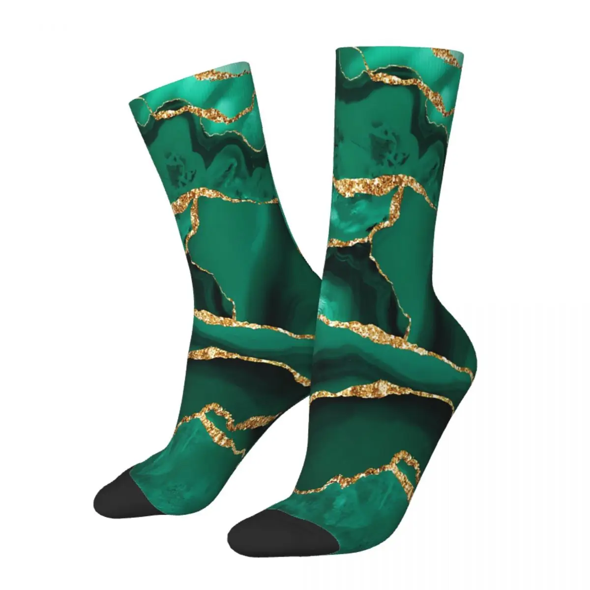 

Emerald Green Malachite Faux Marble With Gold Glitter Socks Male Mens Women Winter Stockings Hip Hop