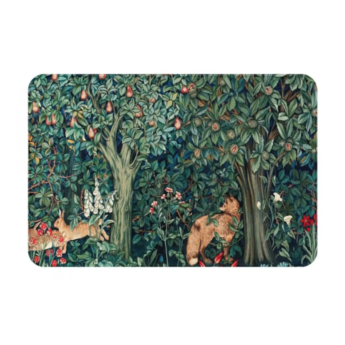 GREENERY, FOREST ANIMALS Fox And Hares Blue Green FloralA Doormat