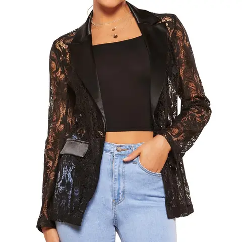 Fashion Black Floral Lace Mesh Blazers Jackets Women's Lapel Long Sleeve Single Button Elegant Coats for Party Work Office