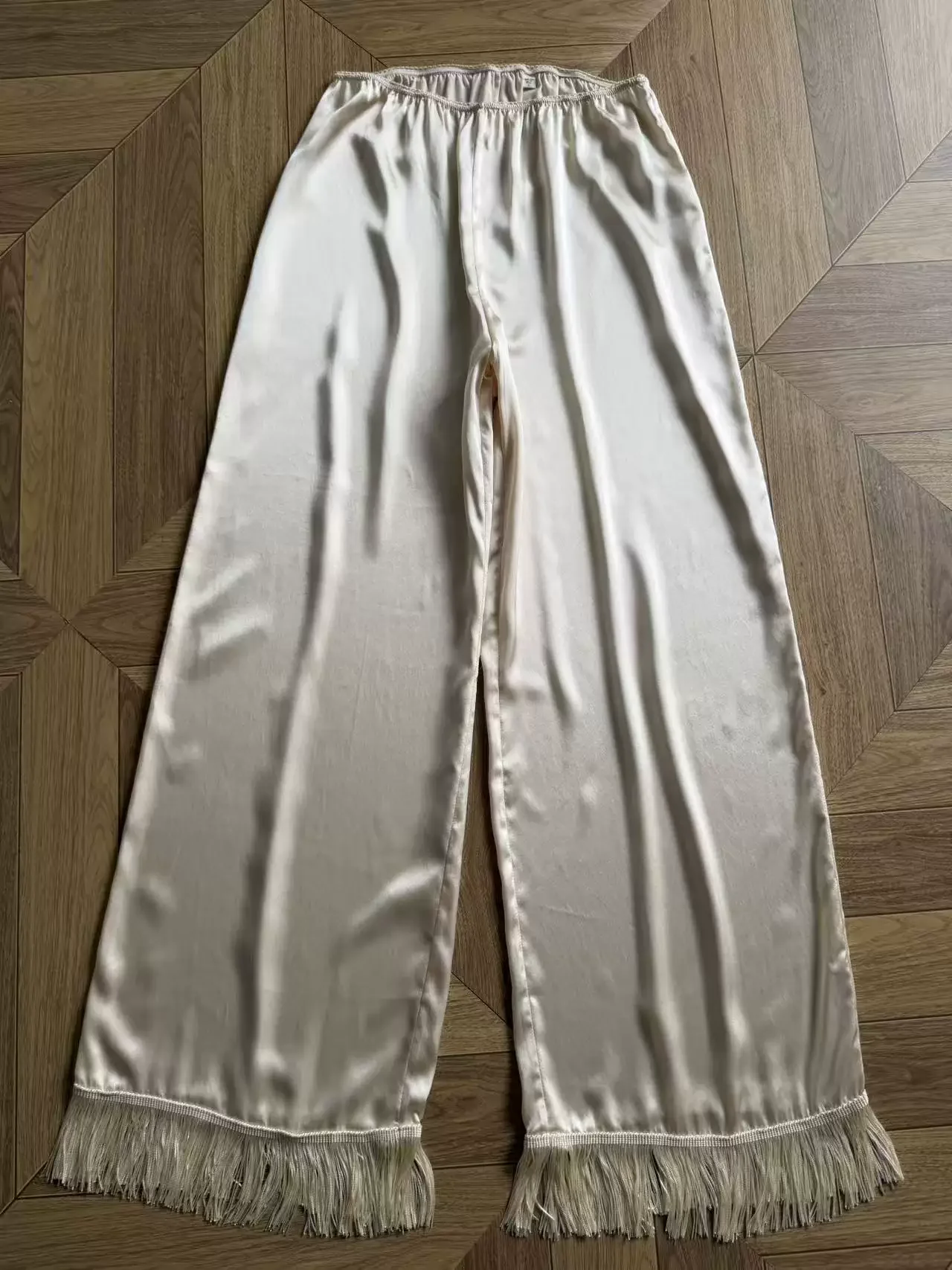 Tassel Decoration Women Wide Leg Pants 2026 New Elastic Waist Solid Color Loose 100% Silk Trousers