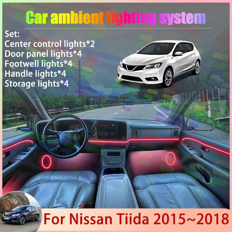 

For Nissan Tiida Pulsar 2015~2018 2016 2017 MK3 2/18 in 1 Car Atmosphere Light Lamp RGB Shade Ensemble Streamer Atmosphere Set