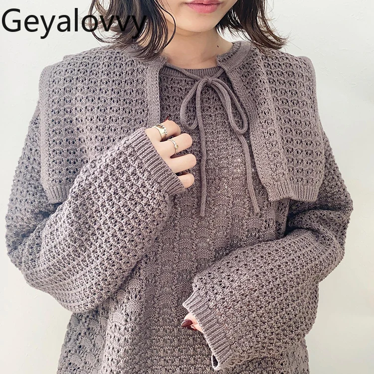 

Вязаный свитер для женщин, японский стиль, двусторонний воротник, съемный свободный полый осенне-зимний пуловер, свитера, топ