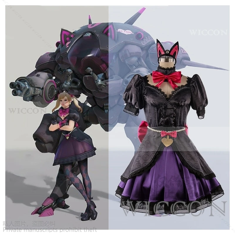 Game OW DVA Hana Lied Cosplay Vrouwen Kostuum Zwarte Kat Lolita Jurk Meisjes Zoete Rokken Volledige Set Kleding Halloween Party Suits