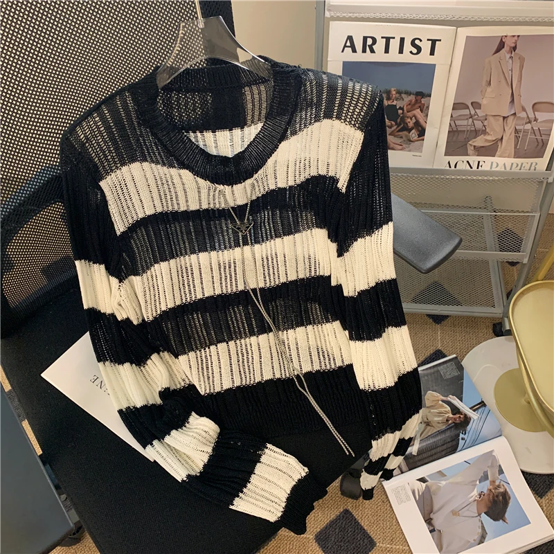 

Y2K Knitted Sweater Women Cool Dark Hollow Out Hole Broken Jumper 2023 Loose Rock Thin Streetwear Tops