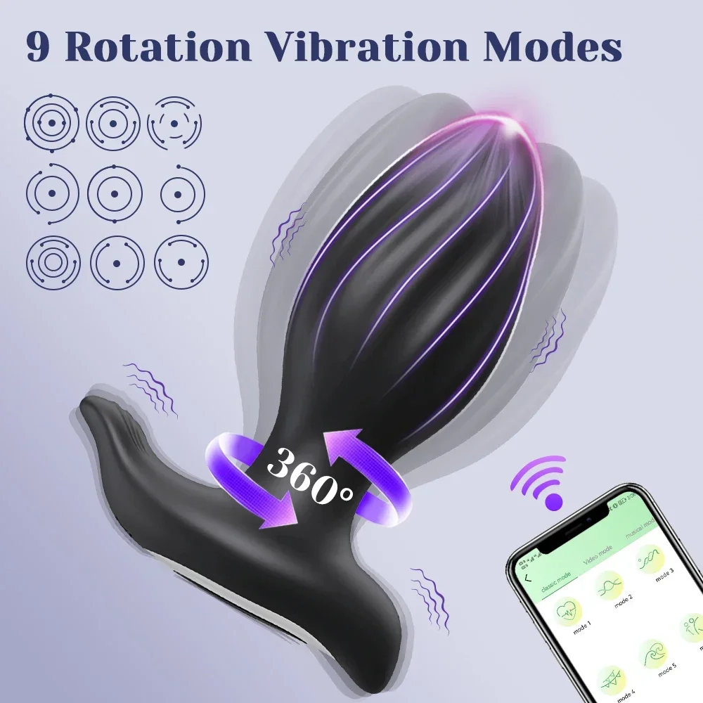 Vibrador anal sem fio para homens, rotação de 360 °, aplicativo, Bluetooth, plug anal, massageador de próstata, macho, bunda, brinquedos sexuais adultos, casais