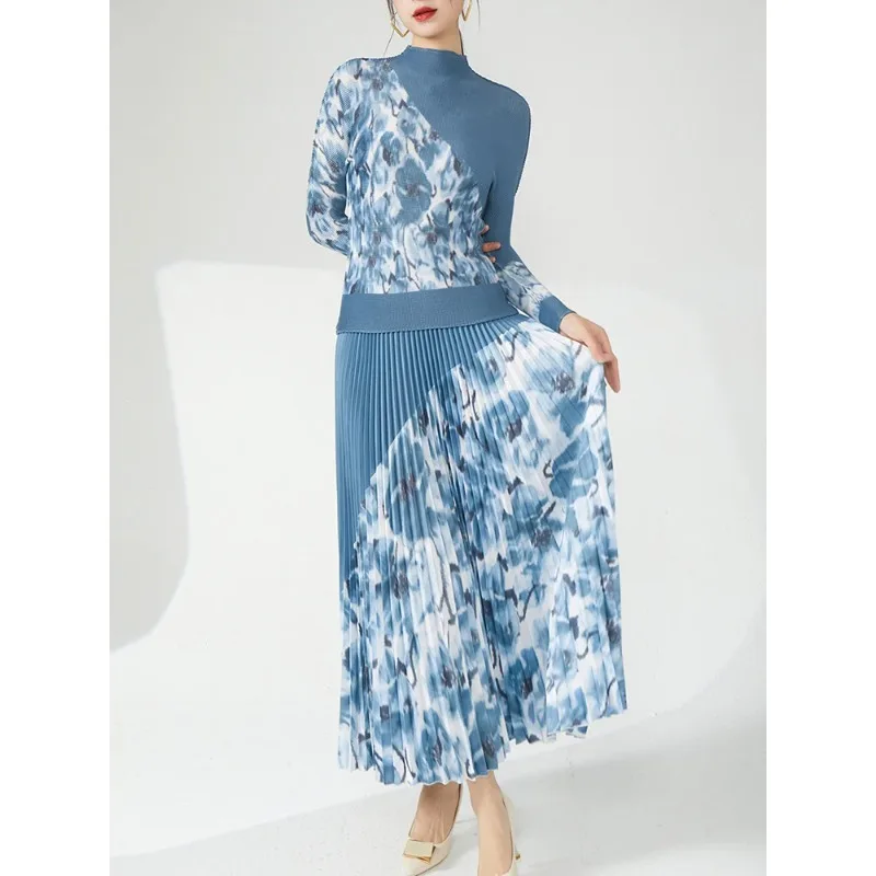 

Miyake Pleated Women New Set Printed Round Neck Long Sleeve T-Shirt High Waist Casual Vintage A-Line Half Skirt Two Piece Set