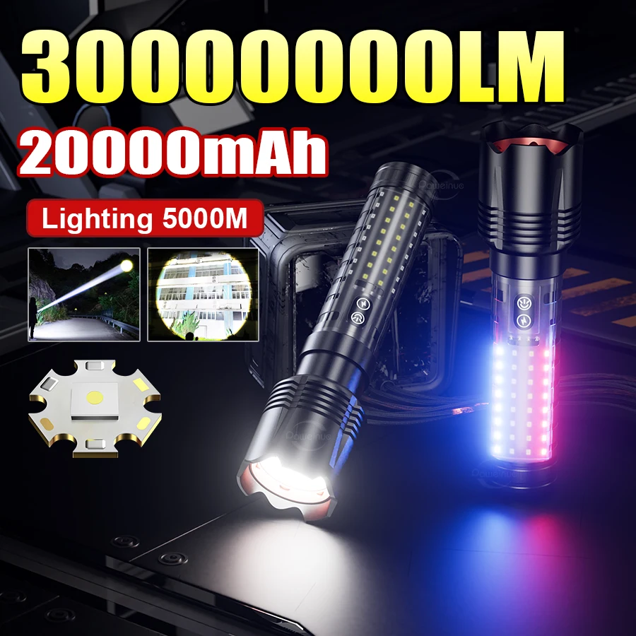 

Суперяркий светодиодный фонарь 30000000LM, дальность 5000 м, мощный портативный COB-фонарь для кемпинга, рыбалки и активного отдыха