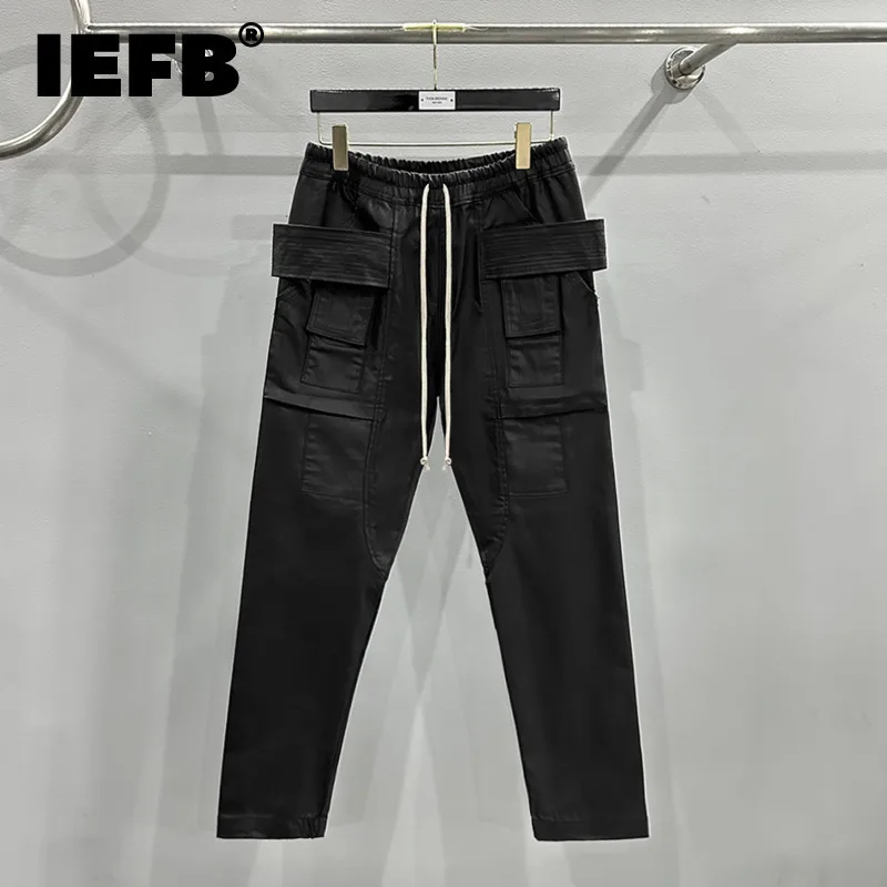 

IEFB Men's Casual Pants Wax-coated Denim Cargo Pants Black Dark Wear Men Bottoms Lace-up Elastic Waist Trousers 2024 9C7899