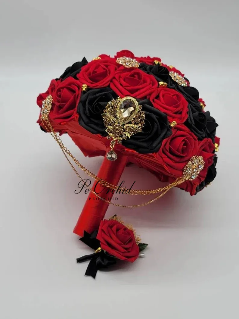 PEORCHID Cascading Skull Rot Schwarz Gold Brosche Bouquet für Braut Schaum Blume Rose handgemachte Gothic Brautstrauß De Mariage