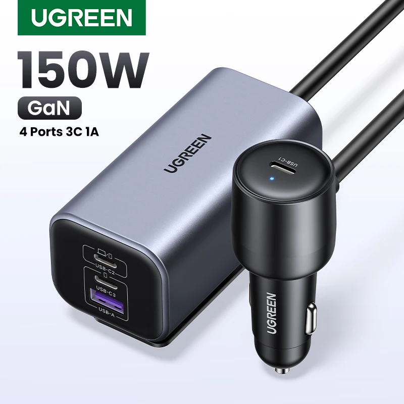 UGREEN Car Charger 150W Fast Charge Extender 4 USB Devices GaN Charger for iPhone 16 15 USB C Charger for iPad Notebook