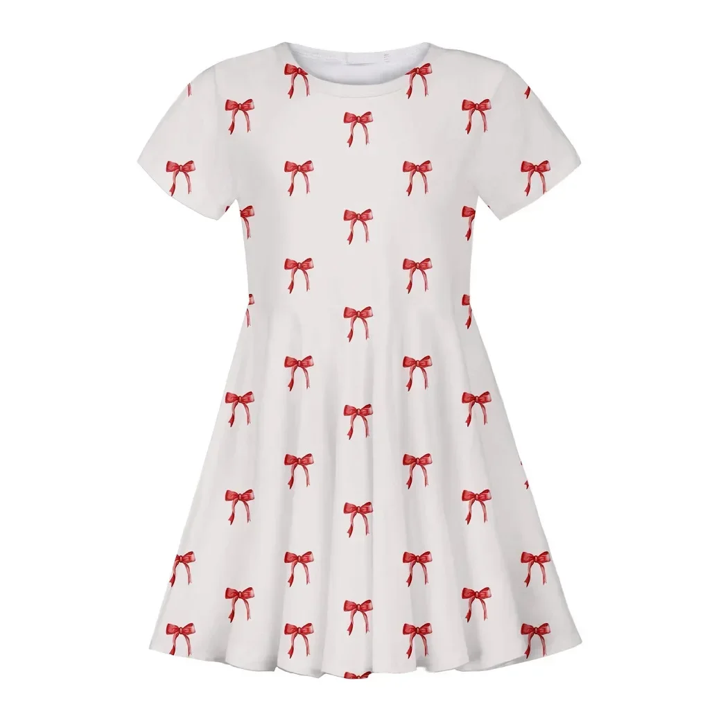 3D Digital Printed Short Sleeved Dress with Bow, Sweet and Caring Casual Princess Skirt