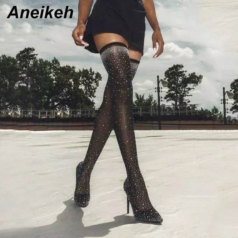 Aneikeh Sexy Crystal Rhinestone Over-the-Knee Boots Stretch Fabric Pointed Toe High Heels Women Pole Dancing Stockings Shoes