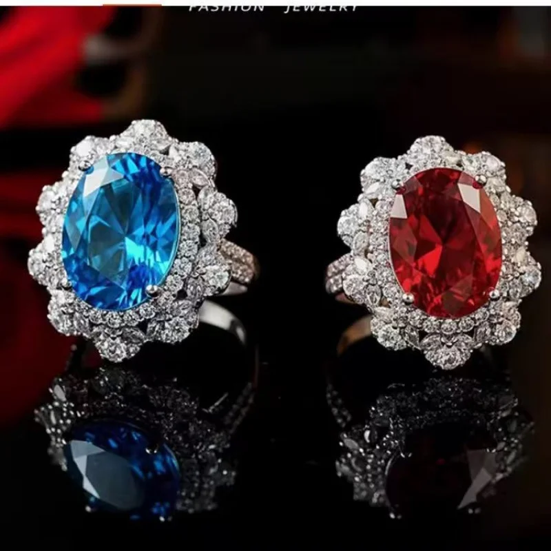 

New model platinum-plated European and American colored gemstone ring with red corundum and blue spinel, high-end version, 12*16